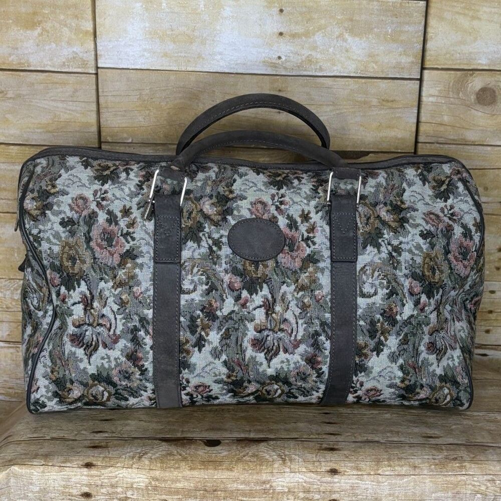 VINTAGE PEGASUS LARGE FRENCH FLORAL & SUEDE TAPESTRY TRAVEL WEEKENDER BAG